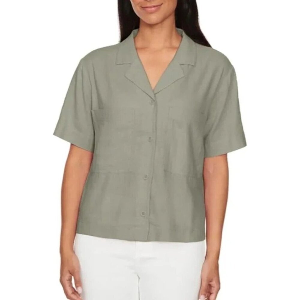 Buffalo David Bitton Women's XXL Linen Blend Button-Up Shirt Olive  n1175